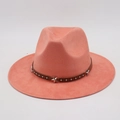 Detailed view of the coral pink Fedora hat featuring star studs on a brown leather band - One Size / Dusty Pink