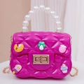 Pink quilted mini crossbody bag with pearl handle and cartoon DIY charms for girls - With Random Patches / Rose Red