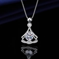 Silver fan-shaped pendant necklace featuring a central round-cut sparkling crystal - Xl-132 [comes With Box And Chain]
