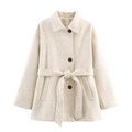 Manteau élégant en laine à revers avec boutonnage simple et ceinture couleur avoine - XS / Blanc