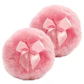 Set of two soft pink plush baby powder puffs with satin bows on a clean white background - 2 Pcs/Set / 2 x Pink