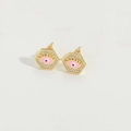 Pink evil eye hexagonal stud earrings in gold frame with sparkling white zircon stones - Pink Eye