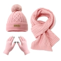 Set invernale rosa per bambini con cappello pompon, sciarpa calda e guanti touchscreen - Rosa