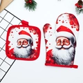 Heat resistant Christmas oven mitt and pot holder set with festive Santa Claus print - Candy Glasses Santa