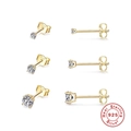 Set of three S925 sterling silver gold-plated stud earrings with cubic zirconia stones - Gold - 3 Pcs Set