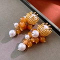 Boucles d'oreilles couronne vintage avec perles blanches et perles d'agate orange - 12# Tige de boucle d'oreille en argent - Or - Fleur