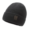 Thick charcoal grey knit beanie with leather logo patch for winter outdoor warmth - One Size / Dark Gray