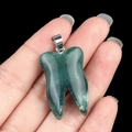Handheld green natural crystal tooth-shaped pendant with a silver metal clasp - India Agate