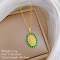 Golden oval pendant with Virgin Mary relief and green stones, 4.2g, 40+5cm chain length - Virgin Mary Pendant Necklace
