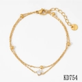 Double-layered golden stainless steel bracelet with small metal beads and round zircon stone - Gold Beaded Single Stone Double Layer Bracelet(KD754)