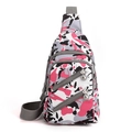 Pink and grey camouflage nylon crossbody bag with adjustable strap and zip pockets - Colorful Wilderness