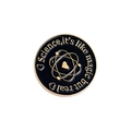 Détail du badge de science rond avec modèle d'atome doré et émail noir poli - Style Citation Scientifique (XZ4675)