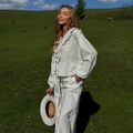 Women's white cotton set with ruffle collar blouse and wide-leg trousers for summer - S / White