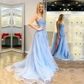 Elegant light blue lace evening dress with spaghetti straps and a side high slit - US size 2 (S) / Sky Blue