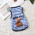 Detail of blue striped pet vest with brown bear print and breathable mesh fabric texture - Blue Stripe
