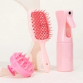Pink hair care set with spray bottle, scalp massage brush and large vented hairbrush - 3-Piece Set (Vented Brush + Scalp Massager + Spray Bottle) / Pink