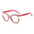 Cat eye glasses in red frame with sparkling rhinestones and elegant pearls - C08 Bright Red