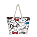Close-up of canvas beach tote featuring graffiti prints and durable soft rope handles - White City Graffiti Style (jiayingstb24)