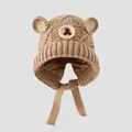 Detail showing knit texture and teddy bear ear design on a kids' winter hat - 3-8 Years / Khaki
