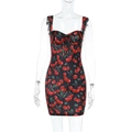 Detailed view of cherry print pattern and drawstring knot on black slim fit mini dress - S / Red (Cherry Print)