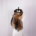 Detail shot of classic earth-tone plaid scarf featuring elegant fringe and soft cashmere texture - Brown