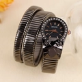 Elegant black snake-shaped wrap watch with rose gold dial and crystal bezel - Black 2