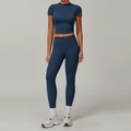 Two-piece navy blue high-waist yoga set including slim-fit short sleeve top and leggings - S / Top And Bottom / Short Sleeve + Leggings / Navy Blue