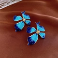 Detail of blue gradient enamel flower earrings on premium dark brown satin fabric - Blue Flower Stud Earrings (HE20922-6)