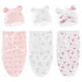 Three-piece baby swaddle and knotted hat sets with rabbit and bear prints in soft cotton - Rabbit/Bear 3-Pack Pink Swaddle + Hat Set