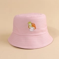 Pink canvas bucket hat with cute cartoon frog playing guitar on a mushroom - One Size / Pink