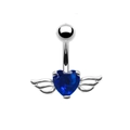 Blue heart zircon navel ring with silver angel wings detail on white background - Silver Dark Blue Rhinestone