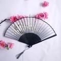 Bamboo folding fan with gradient grey plum blossom pattern and dark grey tassel - Gradient Grey Black Plum & Butterfly Style (Women's Fan-31)