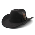 Classic black wool felt fedora hat featuring feather and vintage metal badge detail - M(56-58cm) / Black