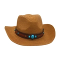 Chapeau de paille de cowboy ethnique avec perles turquoise et ruban en cuir brun - Khaki