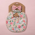 Baby-Lätzchen mit Blumenmuster, Pompons und passenden Stirnbändern auf Rosa - Rot Weißes Gingham mit Blumenmuster Stil (4)