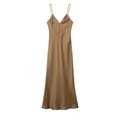Close-up detail of champagne satin long slip dress showing smooth glossy fabric texture - XS / Camel