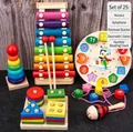 5-piece wooden educational toy set including xylophone, clock, and rainbow tower stacker - 5-Piece Set (Shape Sorter + Xylophone + Rainbow Tower + Maraca + Clock)