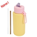 Botella térmica 1L amarillo mate y rosa con pajita de metal y cepillo - 1 l / Tapa con Pajita Pop-up / Rosa Claro + Amarillo Claro