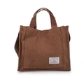 Brown corduroy crossbody bag with double handles and a stylish minimalist cloth label - Brown