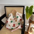 Chic cream fleece tote bag featuring colorful polka dots and woven orange handle - Colorful Polka Dots