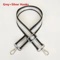 Detail of adjustable grey and silver striped nylon bag strap with polished silver metal hooks - Grey + Silver Hook