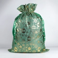 Sac cadeau de Noël vert en toile de jute avec motifs dorés et cordon en satin - Boule de Noël Verte (Ruban) / 50*70CM