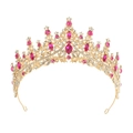 Detailed view of golden crown headpiece with pink teardrop gems and clear rhinestones - Gold with Pink Stones