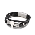 Bracciale multistrato da uomo in pelle nera intrecciata con teschio e chiavi inglesi argento - Colore Acciaio (KB134720-KFC)