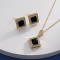 Detailed view of square black stone jewelry set with gold plating and white zircon accents - Gold Square Black (HQ0001(26）)