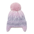 Detail of cable knit pattern and pink fluffy pom-pom on ombre earflap winter hat - Pink Purple Gradient (C)