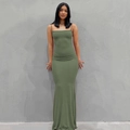 Army green slim fit maxi dress with thin straps and stretchy mermaid silhouette for women - Green