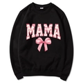 Black Mama Est 2025 hoodie featuring pink coquette bow and MAMA lettering print - S / Black Slogan