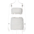 Detailed close-up of white faux fur tube top and mini skirt set on a mannequin - S / White