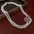 Double-layered pearl necklace with a vintage golden rose pendant and rhinestone detail - 48# Necklace-Gold-Double Rose